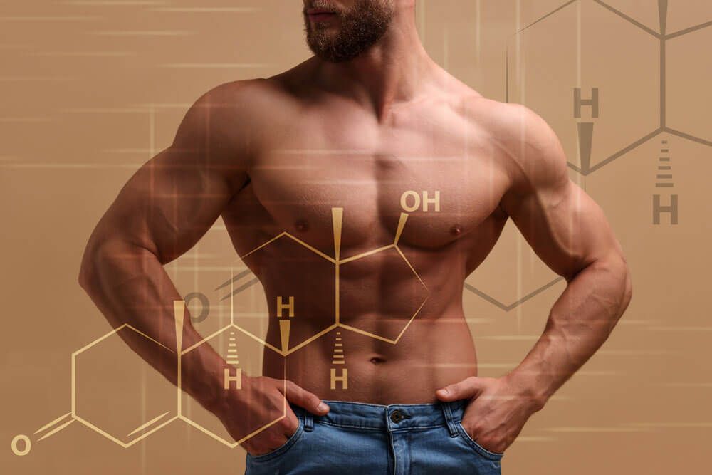 Muscular man and structural formula of testosterone