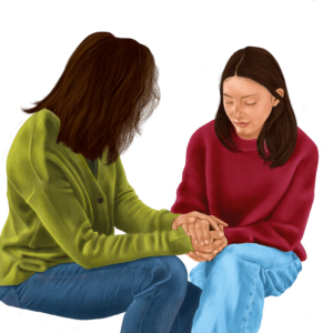 Patient and doctor holding hands illustration