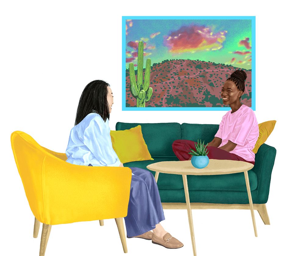 Two woman happily talking at home illustration