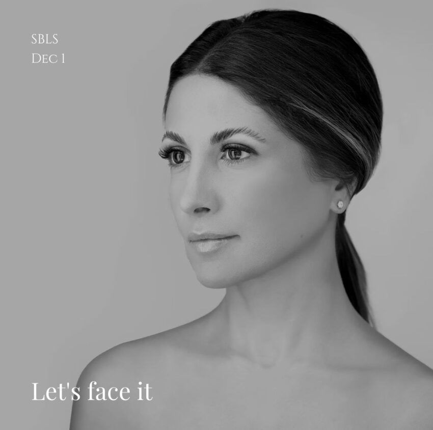 gorgeous woman with 'let's face it' slogan