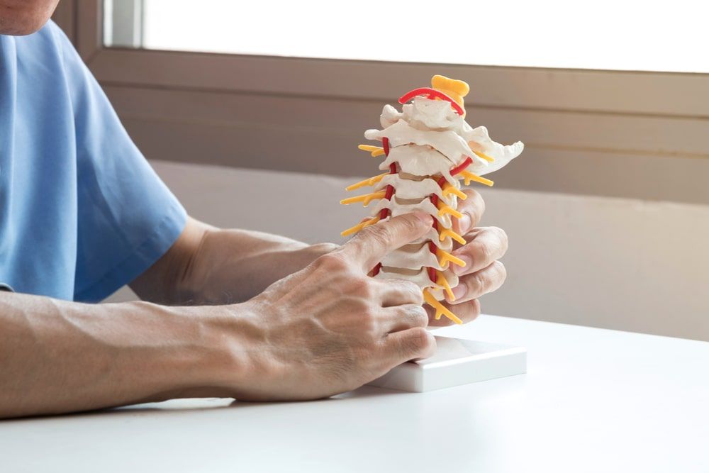 Doctor explaining of neck pain by demonstrating a cervical spine model