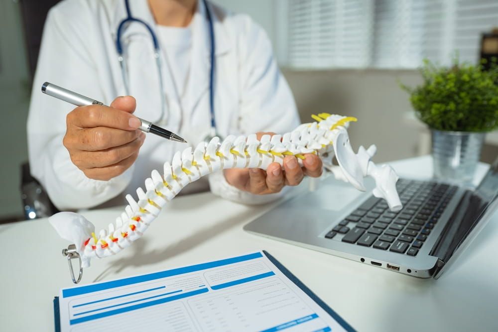 Specialist is analyzing a model of a spine showing the steps of a patient suffering spinal replacement surgery.