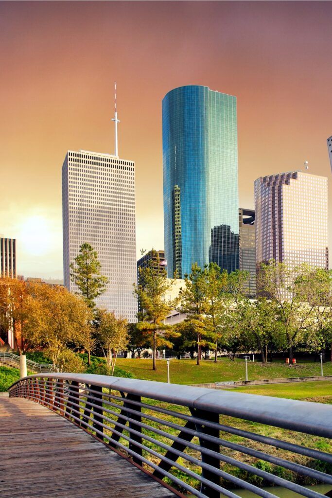 Houston, Texas, USA downtown park and skyline at twilight
