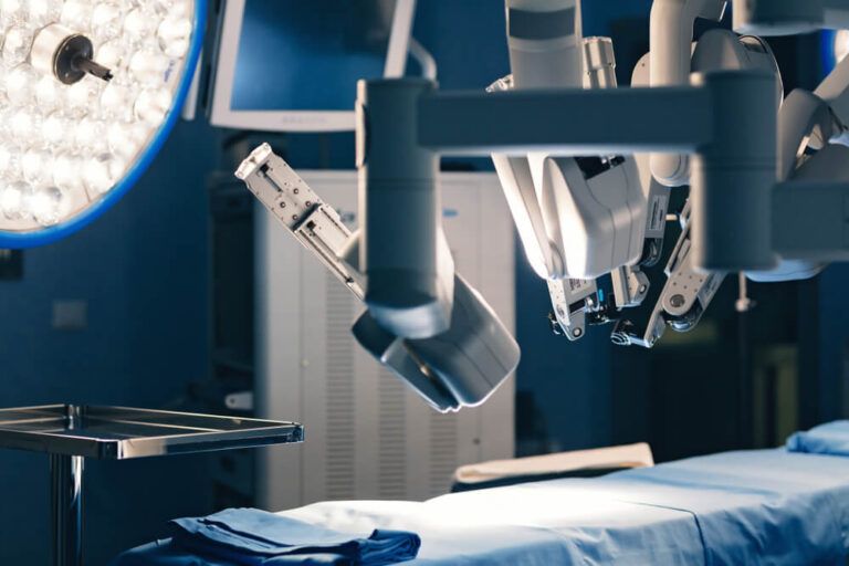 Surgical room in hospital with robotic technology equipment