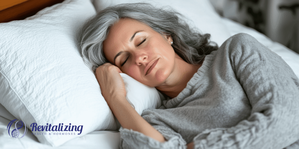 Woman experiencing sleep changes during perimenopause and menopause caused by shifting estrogen and progesterone, including insomnia, night sweats, and frequent waking.