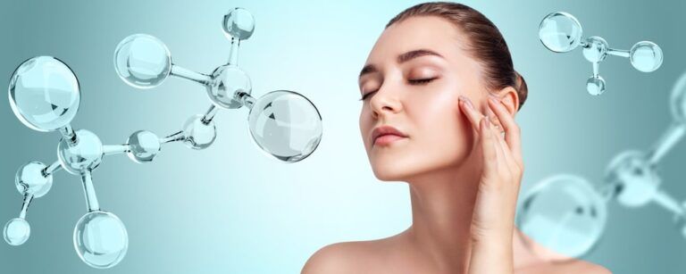 Glassy molecules structure near sensual woman. Over green-blue background. Beauty science concept.