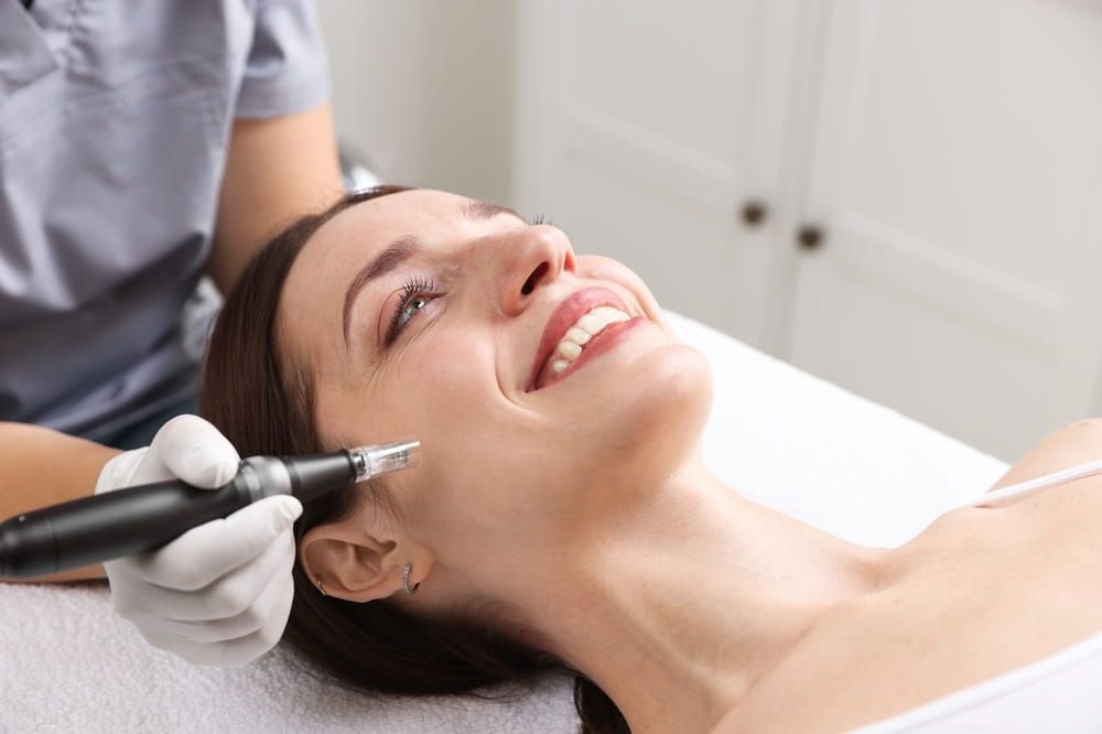 Woman undergoing microneedling procedure in beauty salon, closeup