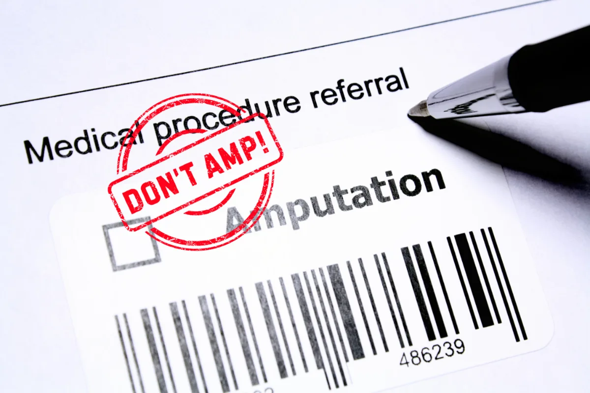 Medical procedure referral form marked Amputation with a Don't Amp! stamp