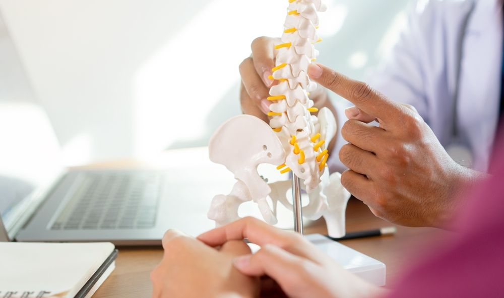 Physical Therapist Hand Pointing On Human Skeleton