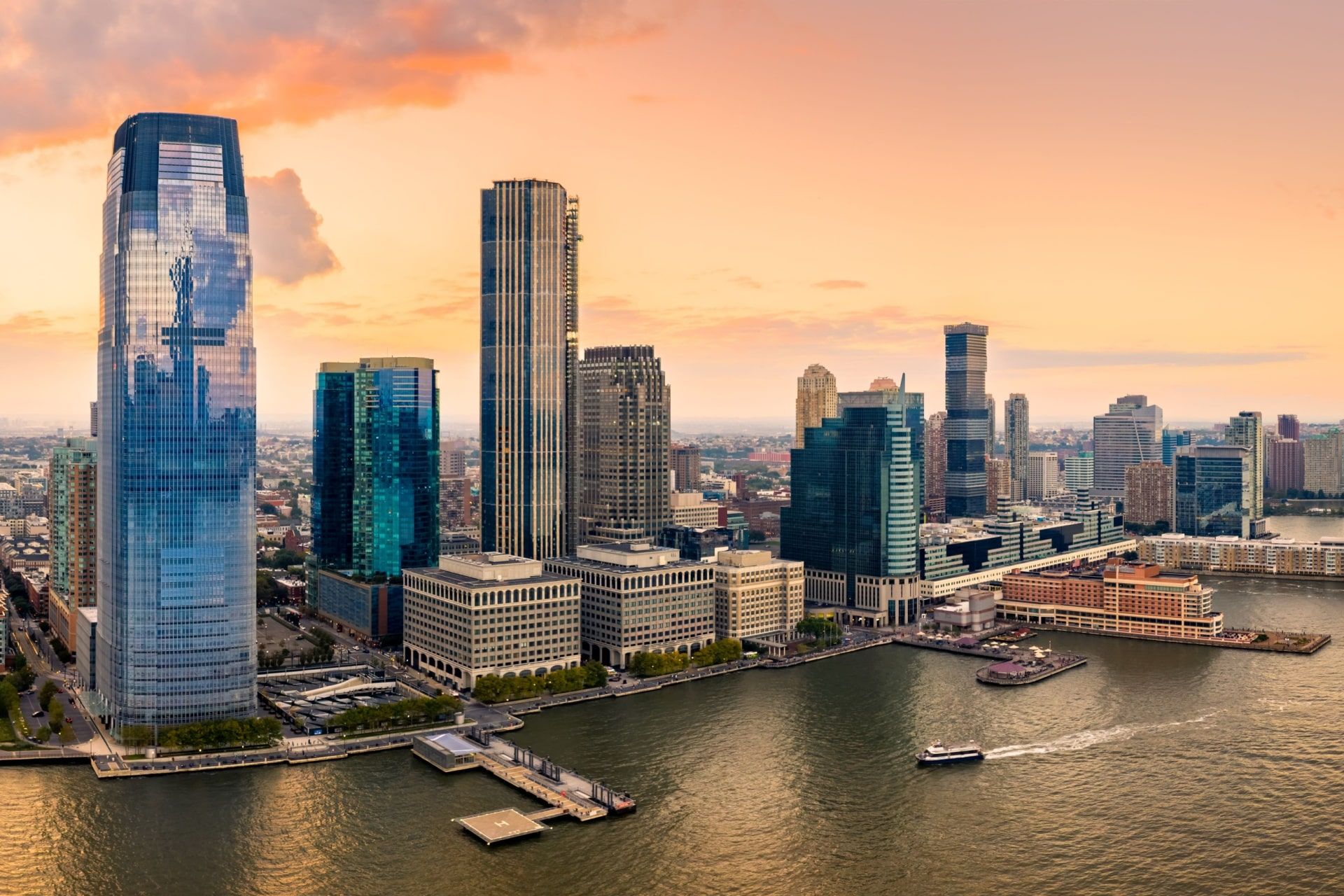 Aerial panorama of Jersey City skyline at sunset