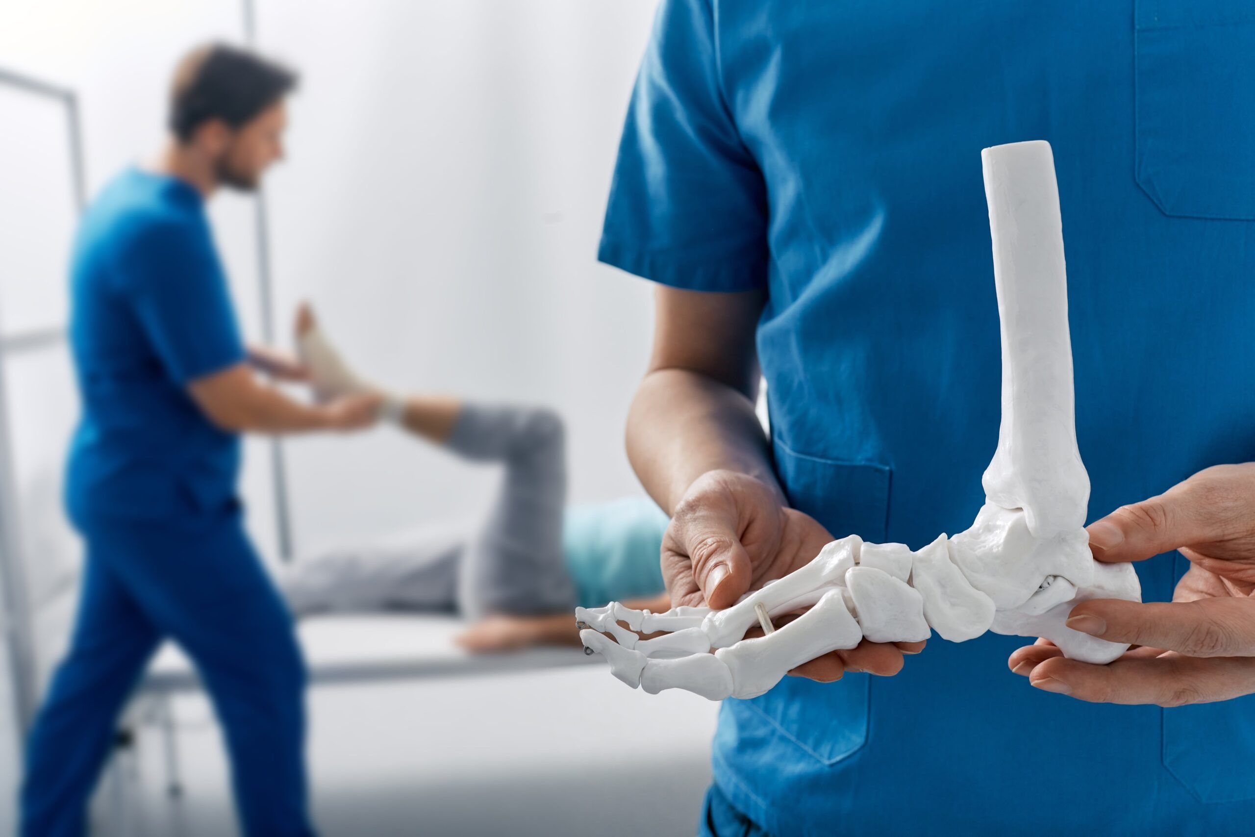 Podiatrist showing anatomical foot skeleton model during his assistant examination