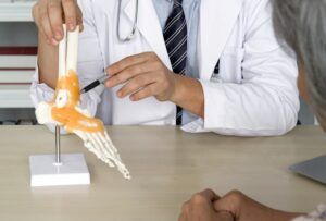 Orthopedic Surgeon in white gown and stethoscope pointing at human skeleton foot ankle bone joint anatomy model