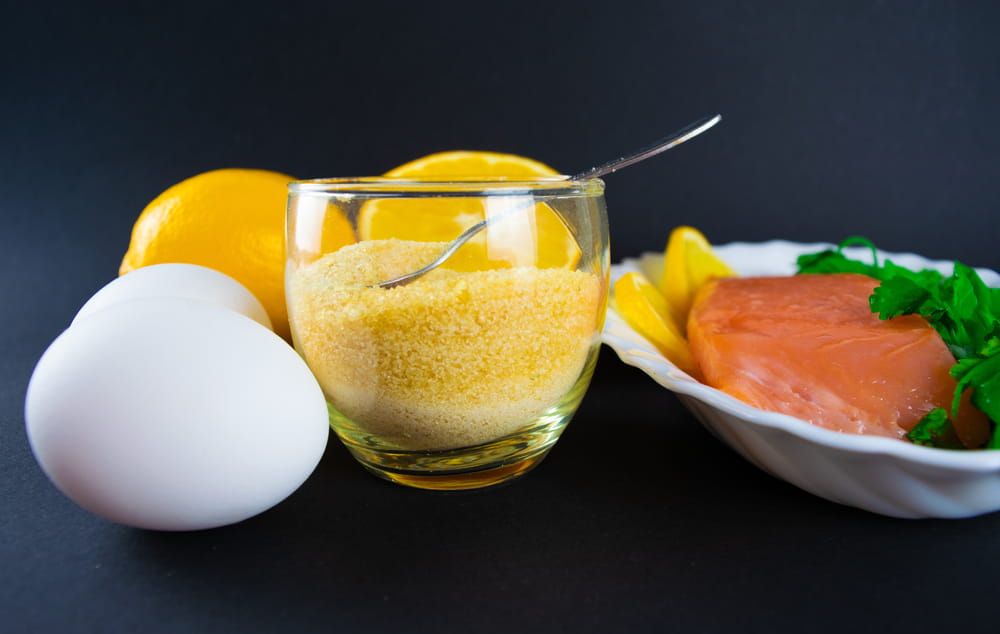 Foods containing collagen. Gelatin, eggs, fish, greens, citrus fruits containing collagen and are necessary for its synthesis for youthful skin and healthy joints