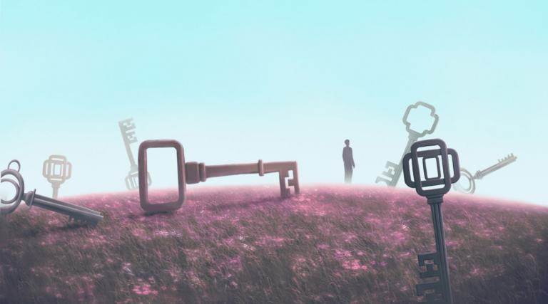 A businessman and a keys in meadow