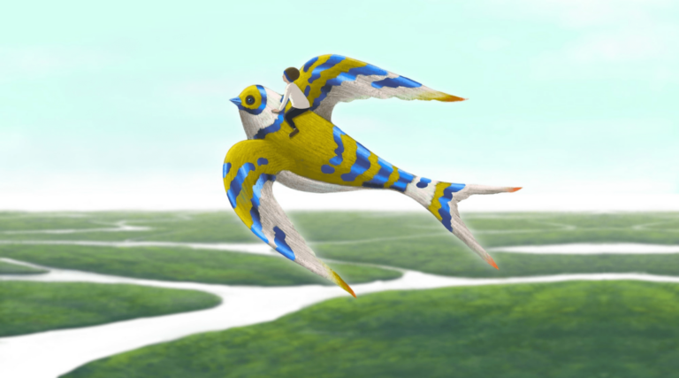 fantasy scene a boy riding colorful giant bird