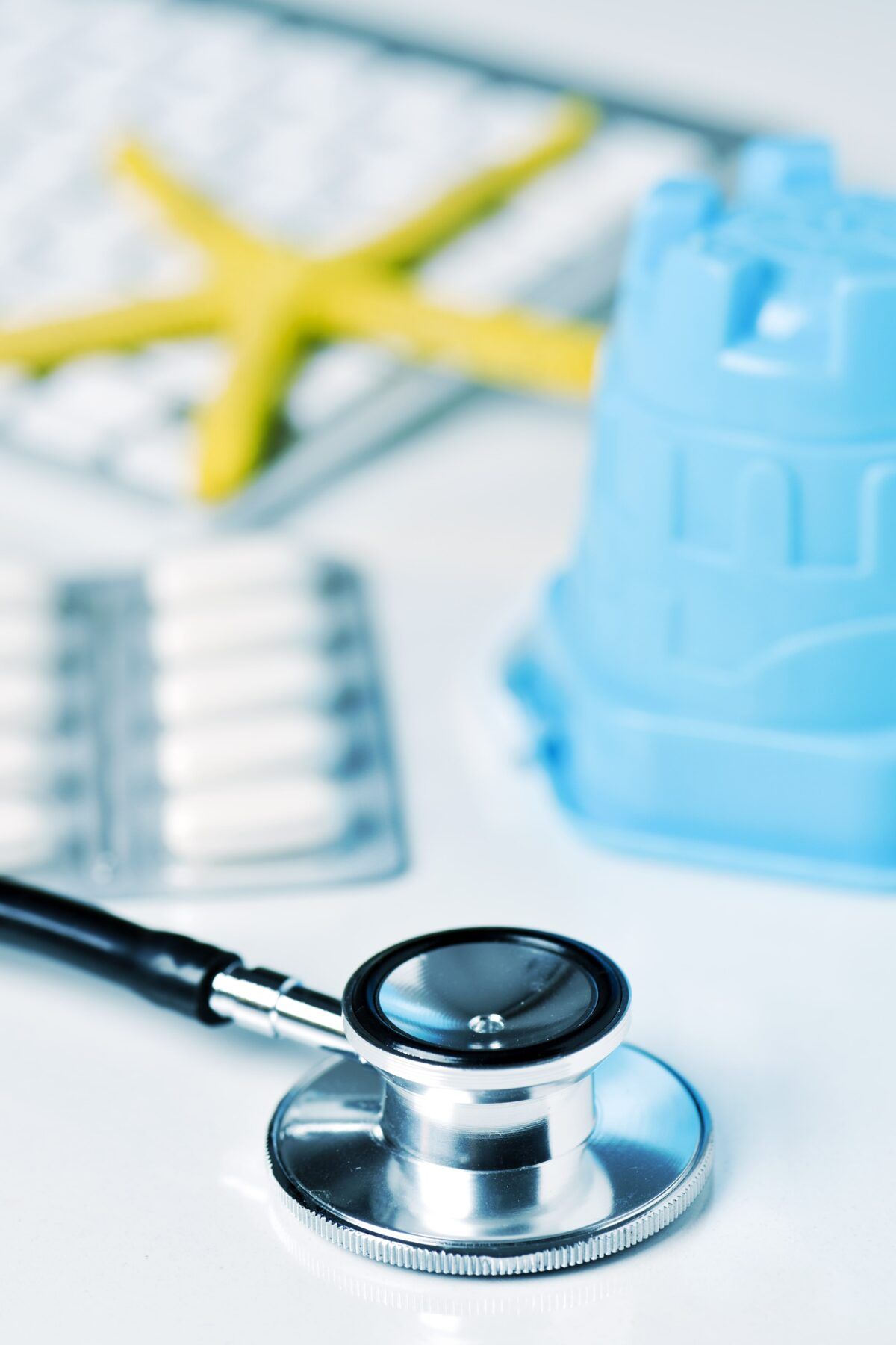 stethoscope and pills in a doctors office