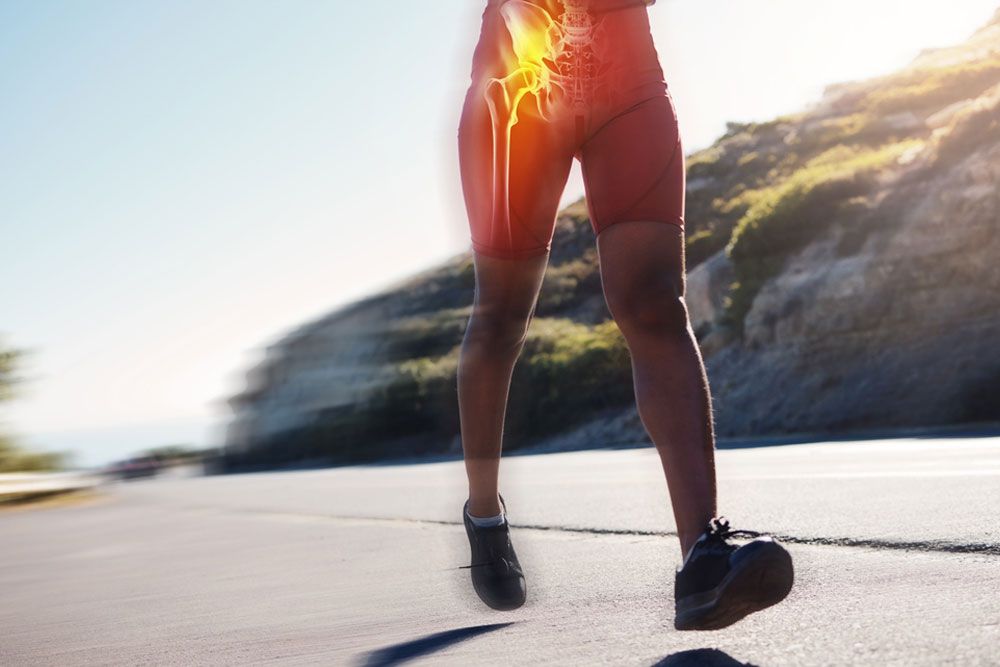 running and woman with bone anatomy on hips