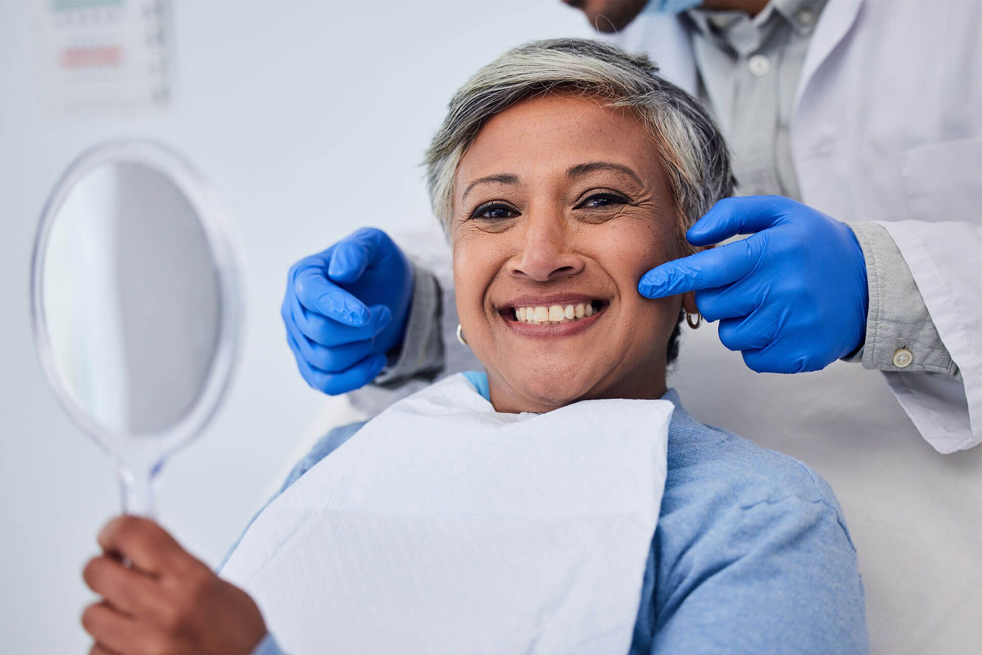 Happy senior woman, teeth and dentist for dental care,