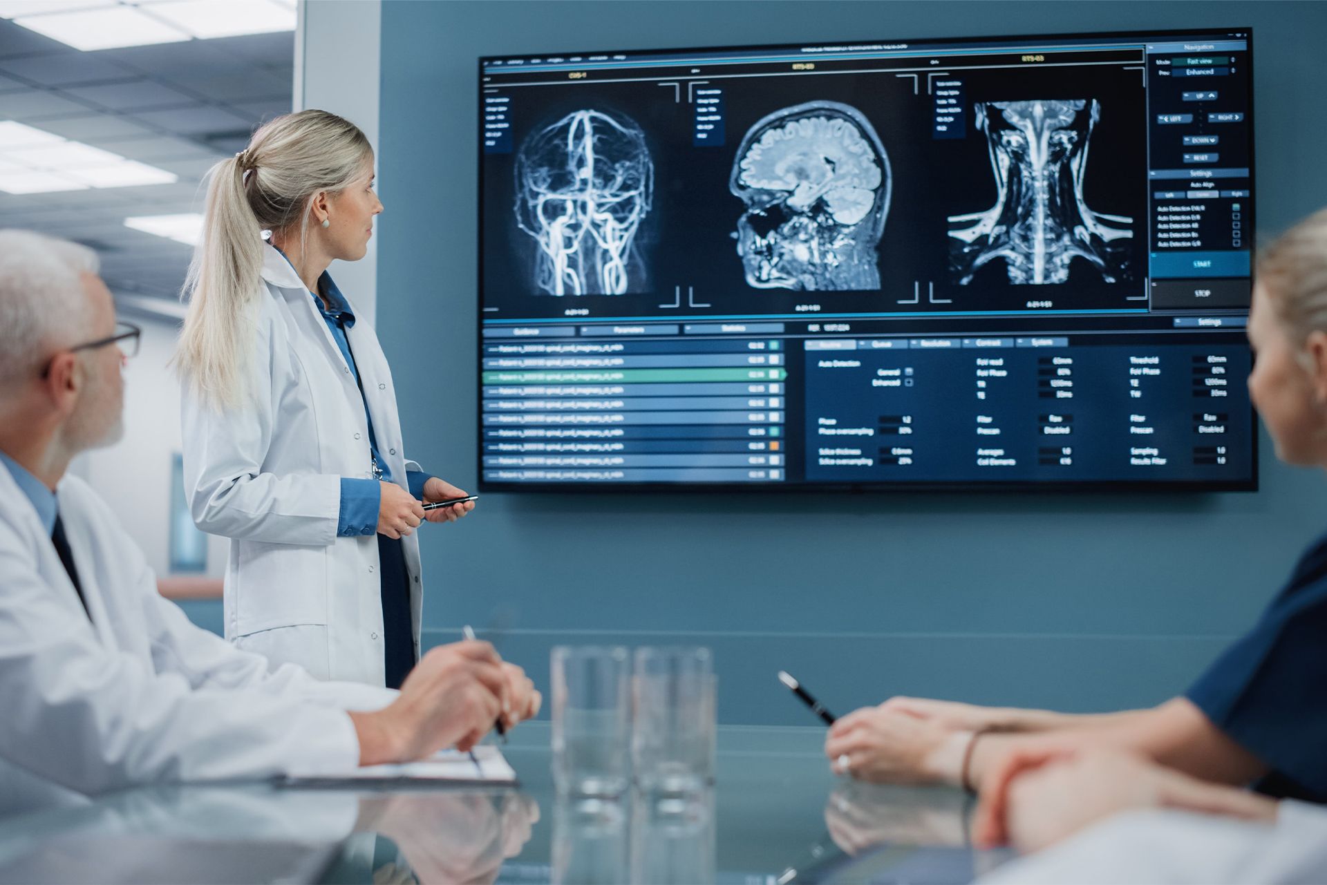 neurology doctors in a meeting working on a skull injury