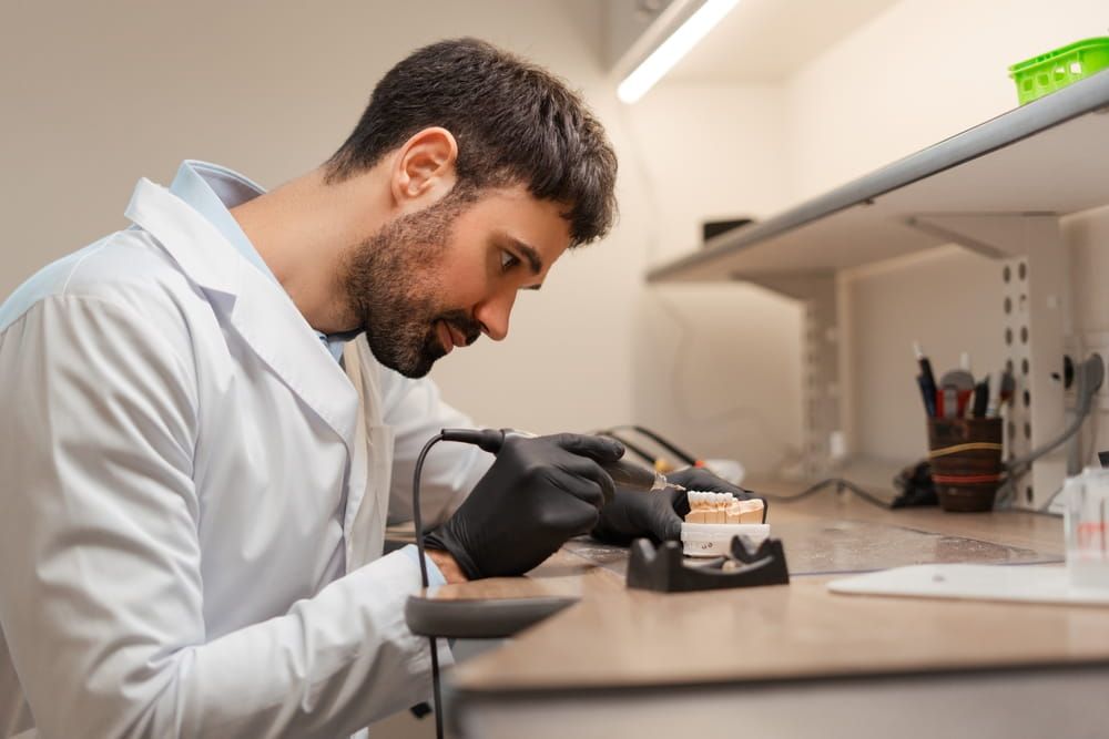 dental technician wearing black gloves and a lab coat using a specialized tool to carefully work on a denture mold