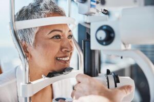 happy woman consulting doctor for eyesight