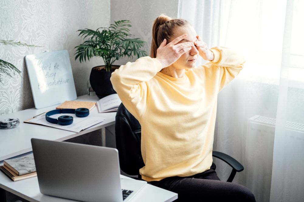 Ocular,Gymnastics,,Eye,Exercises,To,Improve,Vision.,Tired,Freelancer,Woman