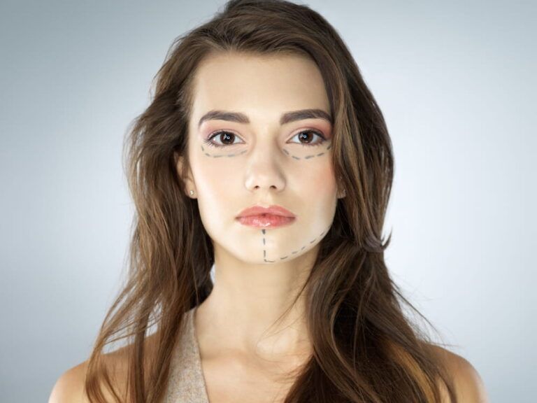 Skincare, dermatology or girl in prep for facelift, cosmetic procedure and white background