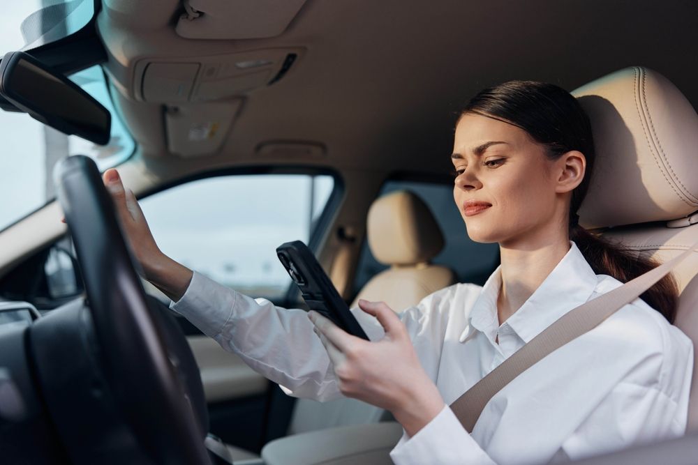 A woman in the driver's seat of a car concentrates on her cell phone, illustrating the concept of distracted driving