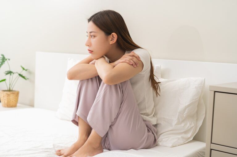 Depressed, unhappy asian young woman, girl expression face thinking about problem, difficulty, feeling failure and exhausted