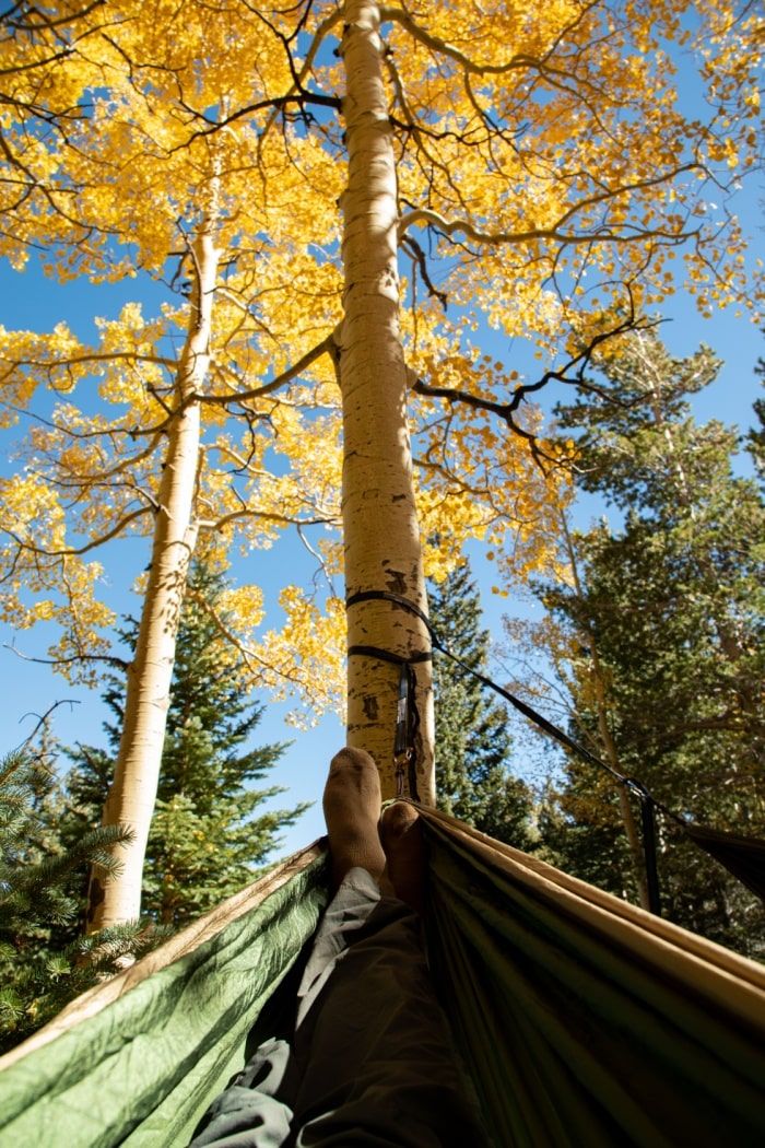 hiker's feet hanging on a hammock in Inner Basin