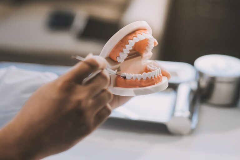 A dentist is using specialized dental equipment to inspect dentures to study