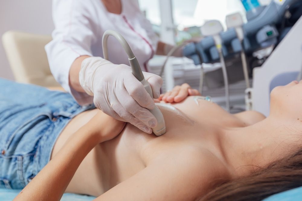 Young,Woman,Getting,Breast,Examination,By,Her,Gynecologist,Ultrasound,Scanning