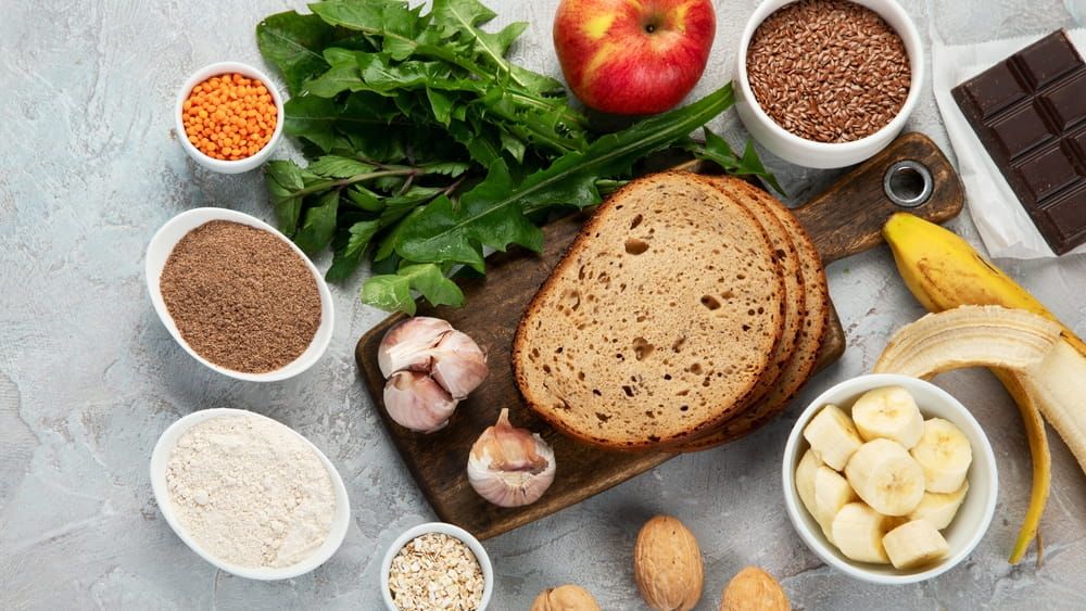 Best sources of prebiotic on light background. Healthy gud. Top view, flat lay,