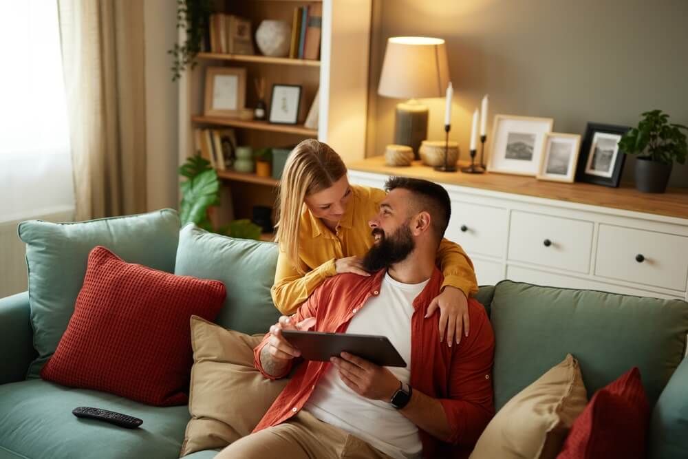 Handsome couple relaxing at home and looking at tablet