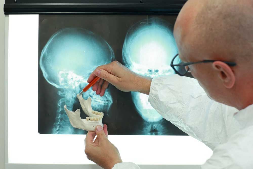 Dentist with model of lower jaw watching images of skull