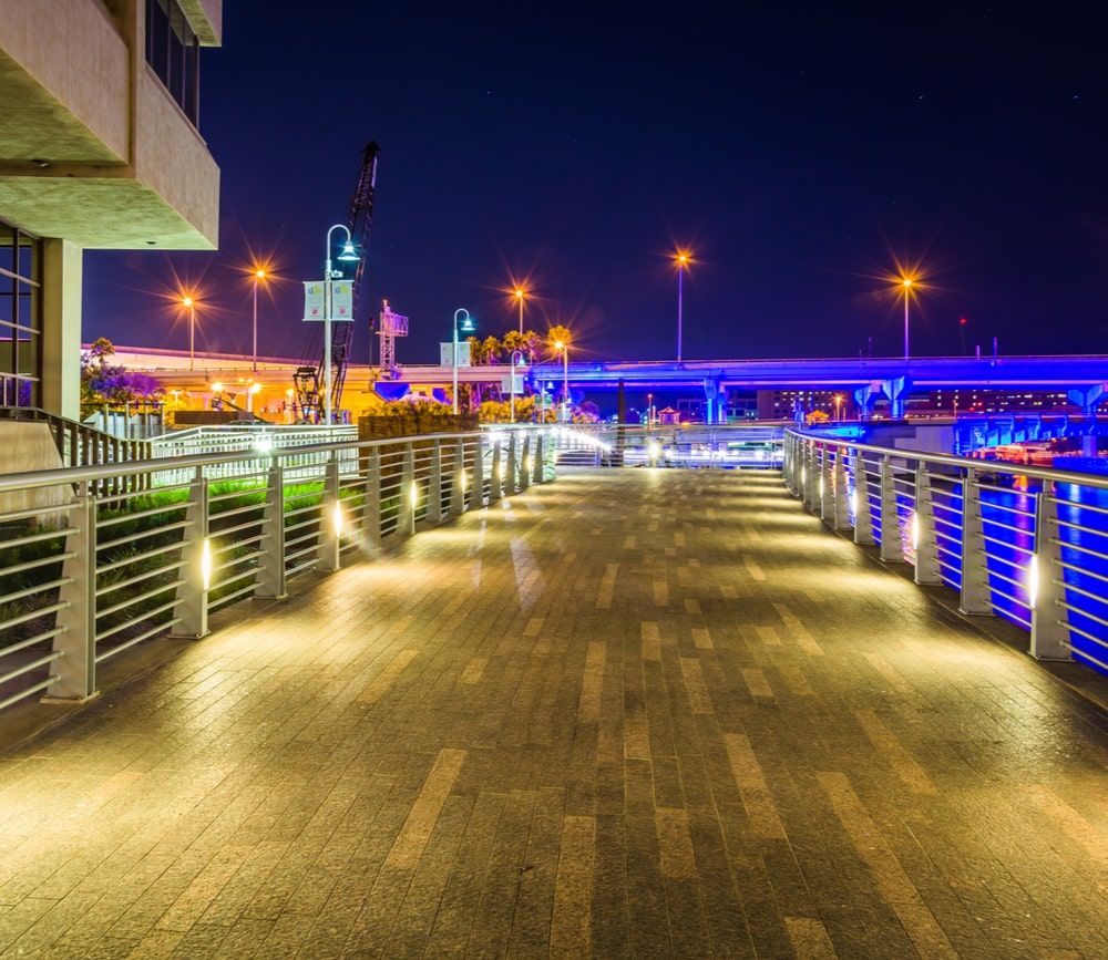 The Riverwalk at night, in Tampa