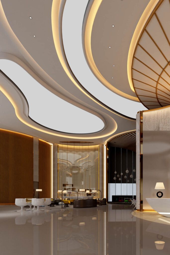 3d render luxury hotel reception lobby entrance hall