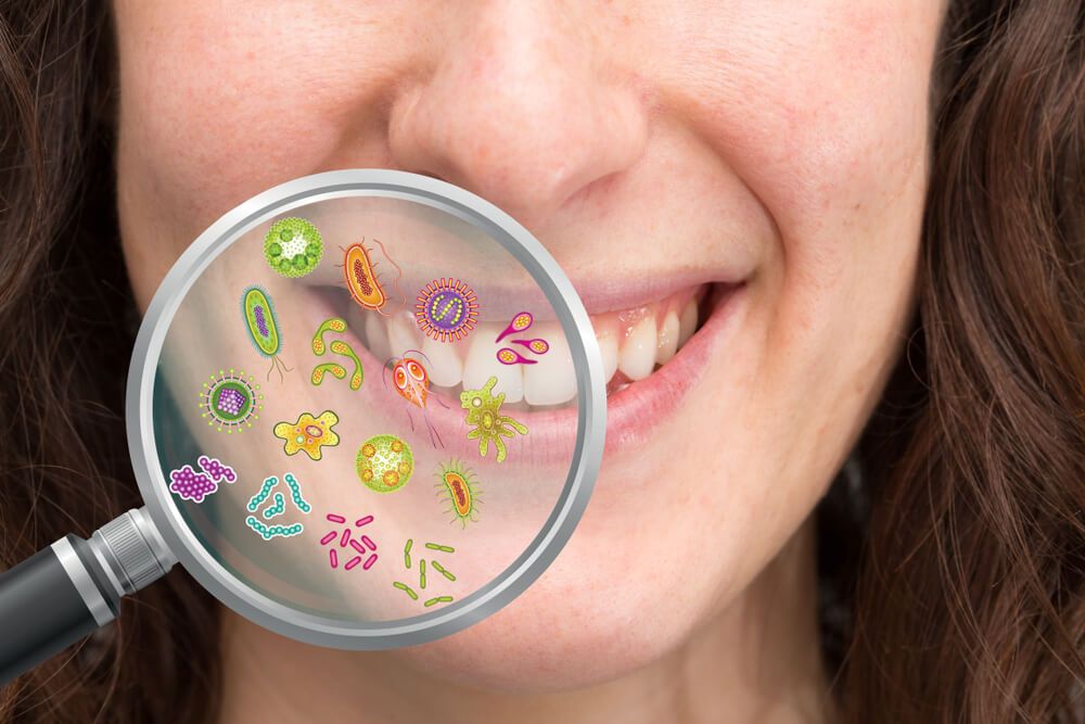 Magnifying glass showing possible set of bacteria the oral cavit