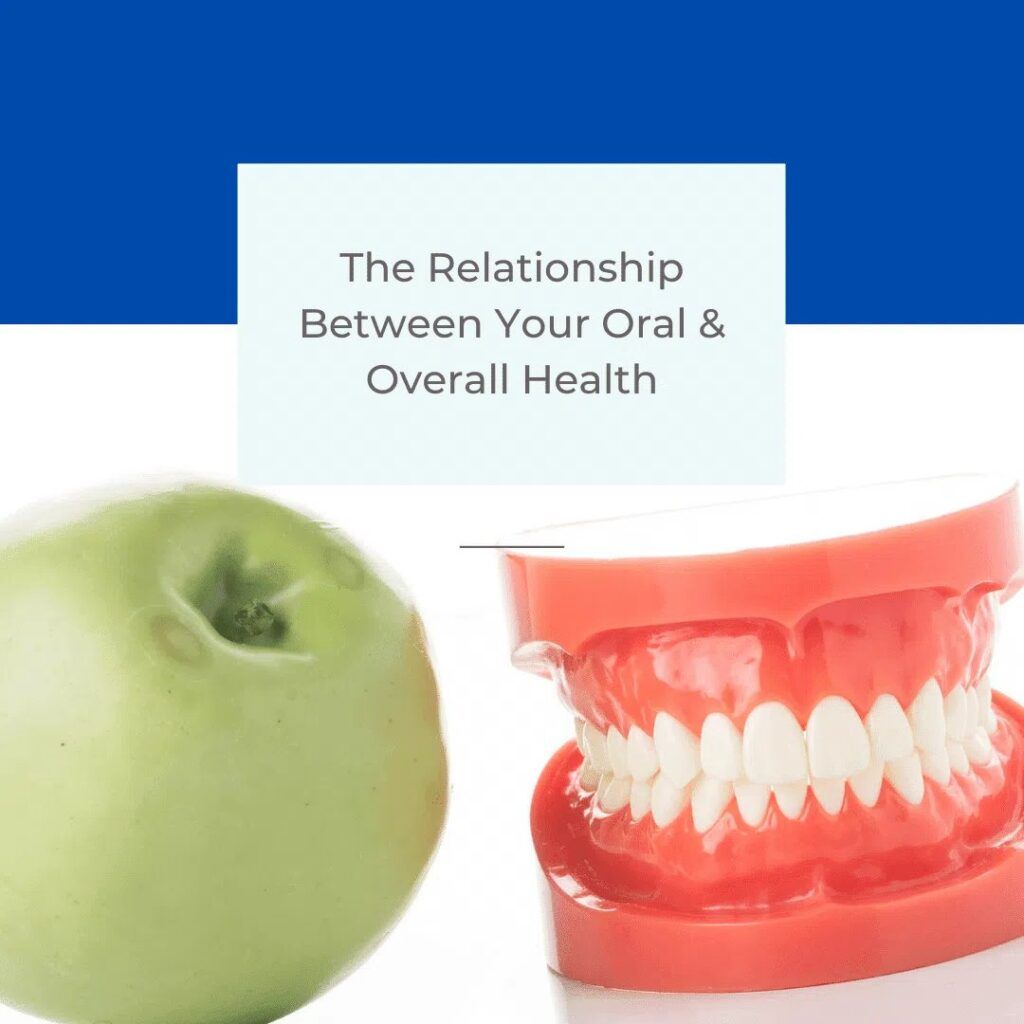 An apple and 3D image of teeth model