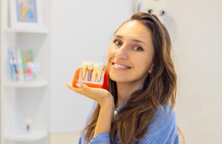 woman holding dental implant mockup,