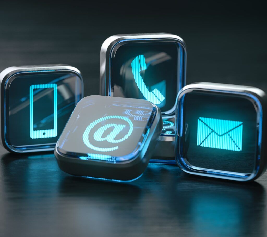 Signs of phone, mobile, letter and e-mail. 3d illustration