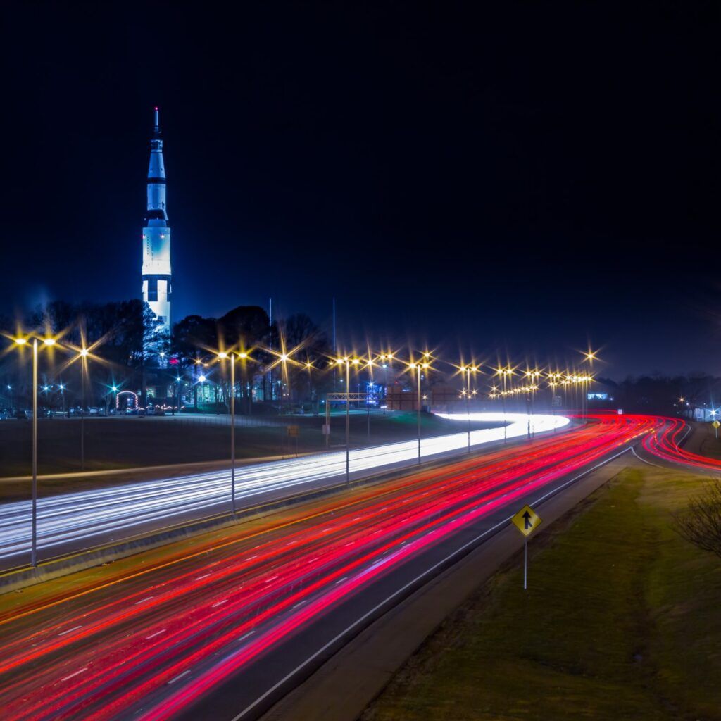 Space and Rocket Center Huntsville, AL with highway traffic